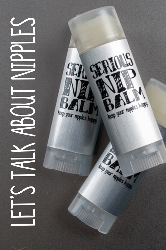 Three silver nipple balms on a metal background with the words "Let's talk about nipples" written vertically on the left side.