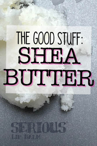 A small amount of shea butter sits on top of a metal surface with a small Serious Lip Balm logo on the bottom left corner.  The text reads "The Good Stuff:  Shea Butter"