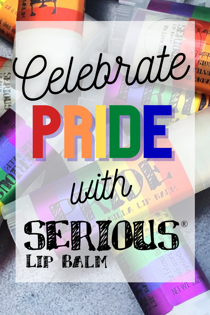 "Celebrate Pride with Serious Lip Balm" is written in bold and colorful text over a background photo of Pride Rainbow Serious Lip Balms